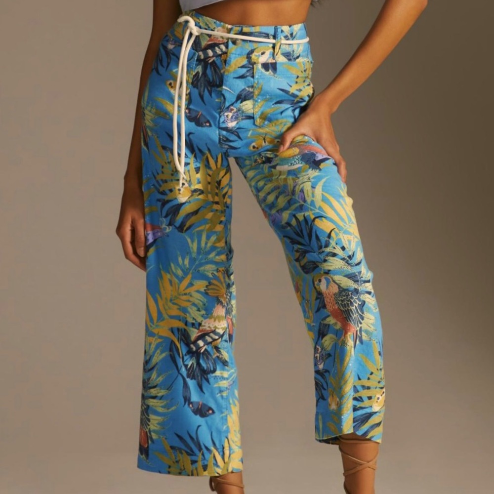 Anthropologie “The Colette Cropped Linen Wide-Leg Pants” Blue Motif
